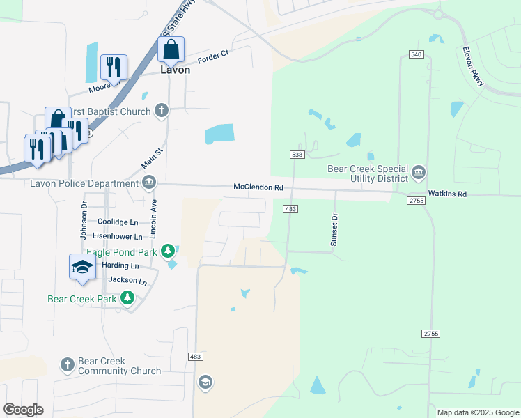 map of restaurants, bars, coffee shops, grocery stores, and more near 285 Sunshine Lane in Lavon
