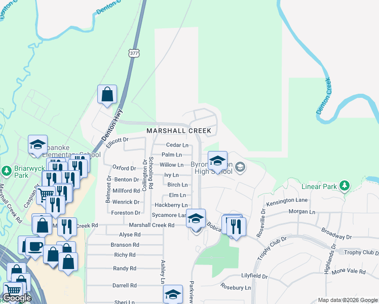 map of restaurants, bars, coffee shops, grocery stores, and more near 133 Cedar Lane in Denton