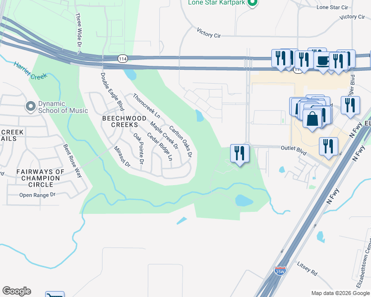 map of restaurants, bars, coffee shops, grocery stores, and more near 15725 Carlton Oaks Drive in Fort Worth