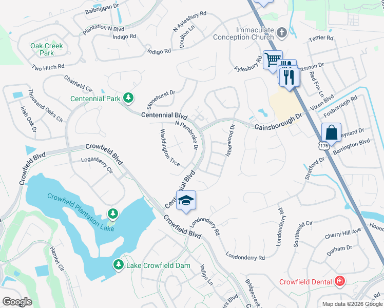 map of restaurants, bars, coffee shops, grocery stores, and more near 105 North Pembroke Drive in Goose Creek