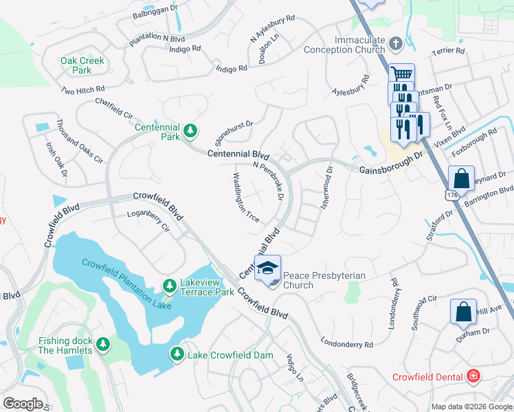 map of restaurants, bars, coffee shops, grocery stores, and more near 100 South Ansel Crossing in Goose Creek