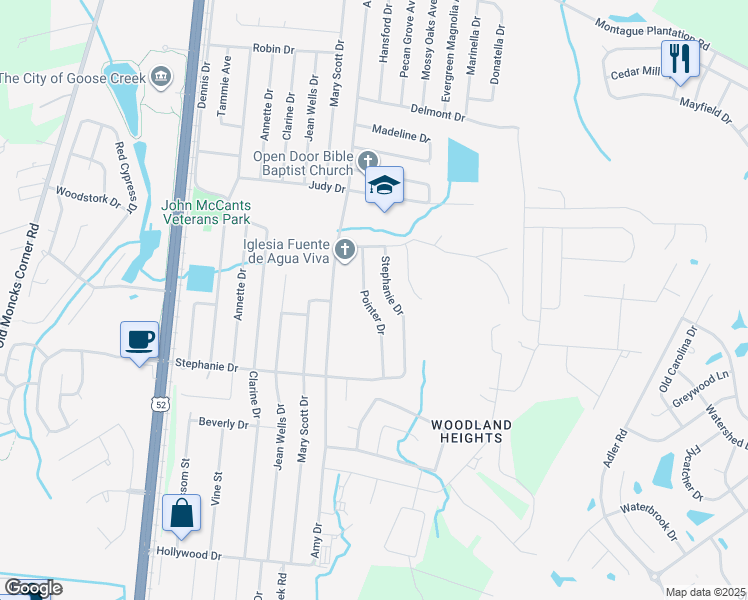 map of restaurants, bars, coffee shops, grocery stores, and more near 442 Stephanie Drive in Goose Creek
