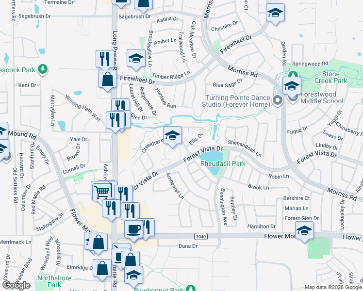 map of restaurants, bars, coffee shops, grocery stores, and more near 2521 Lakeshore Drive in Flower Mound