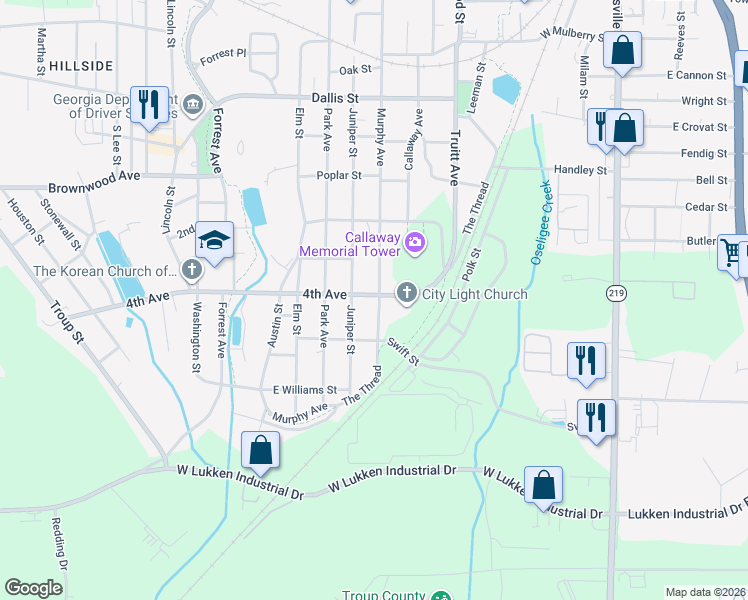 map of restaurants, bars, coffee shops, grocery stores, and more near 1206 Murphy Avenue in LaGrange