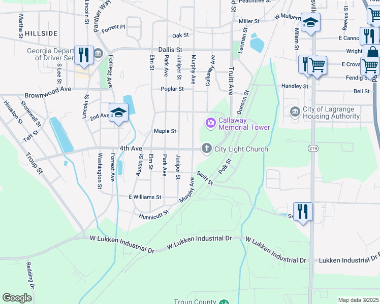 map of restaurants, bars, coffee shops, grocery stores, and more near 1300 Murphy Avenue in LaGrange