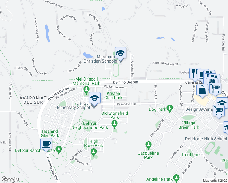 map of restaurants, bars, coffee shops, grocery stores, and more near 16061 Oxford Hill in San Diego