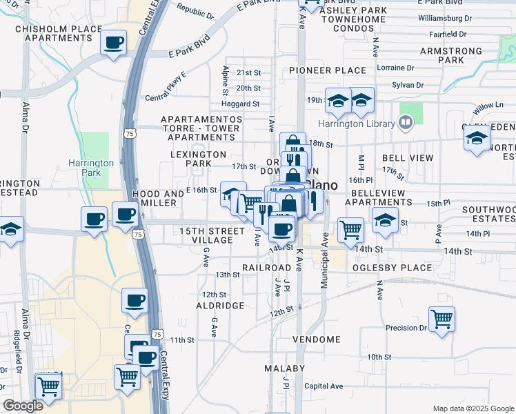map of restaurants, bars, coffee shops, grocery stores, and more near Haggard Park Trail in Plano