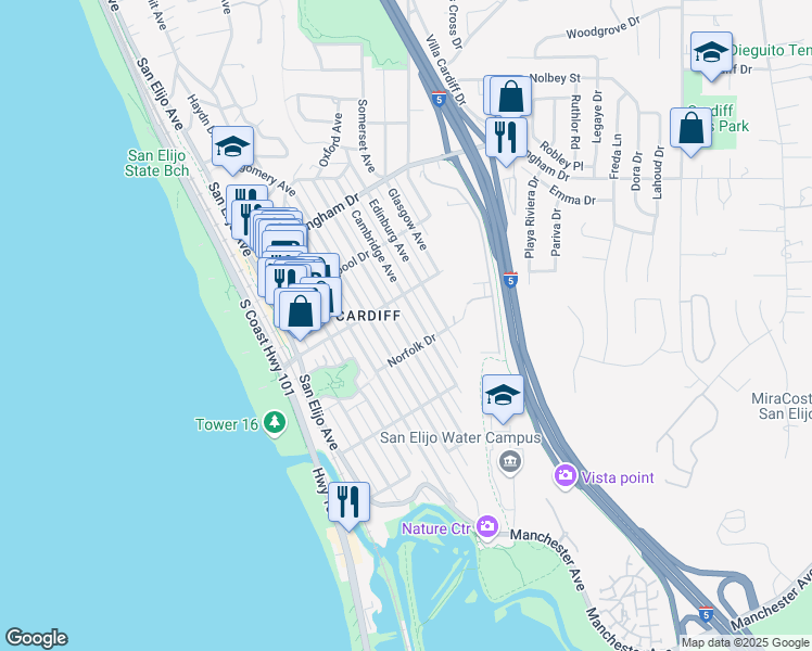 map of restaurants, bars, coffee shops, grocery stores, and more near 2224 Cambridge Avenue in Encinitas