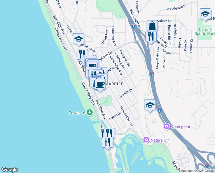 map of restaurants, bars, coffee shops, grocery stores, and more near 2150 Manchester Avenue in Encinitas