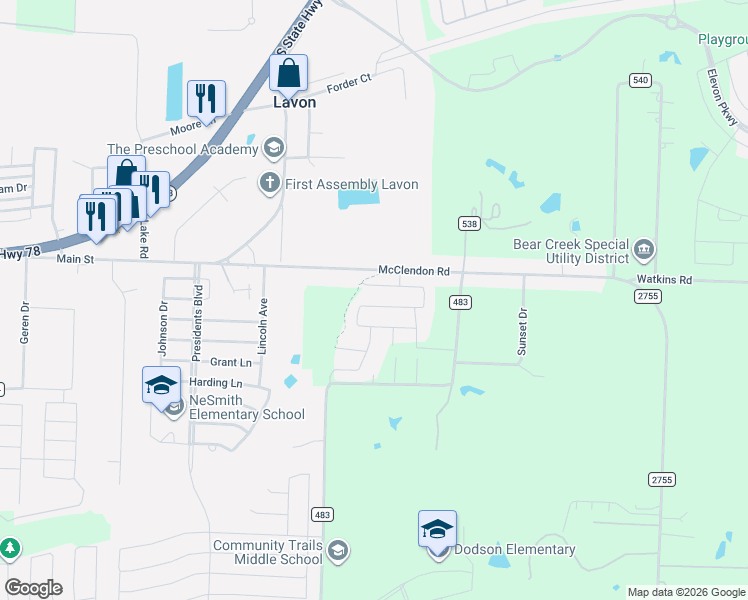 map of restaurants, bars, coffee shops, grocery stores, and more near 215 Tallgrass Drive in Lavon