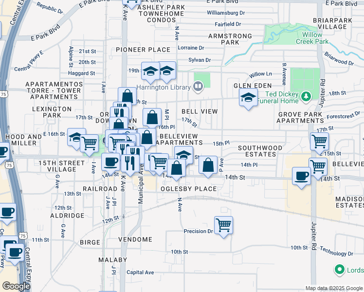 map of restaurants, bars, coffee shops, grocery stores, and more near 1407 15th Place in Plano