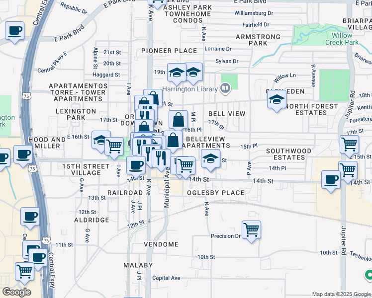 map of restaurants, bars, coffee shops, grocery stores, and more near 1304 East 16th Street in Plano