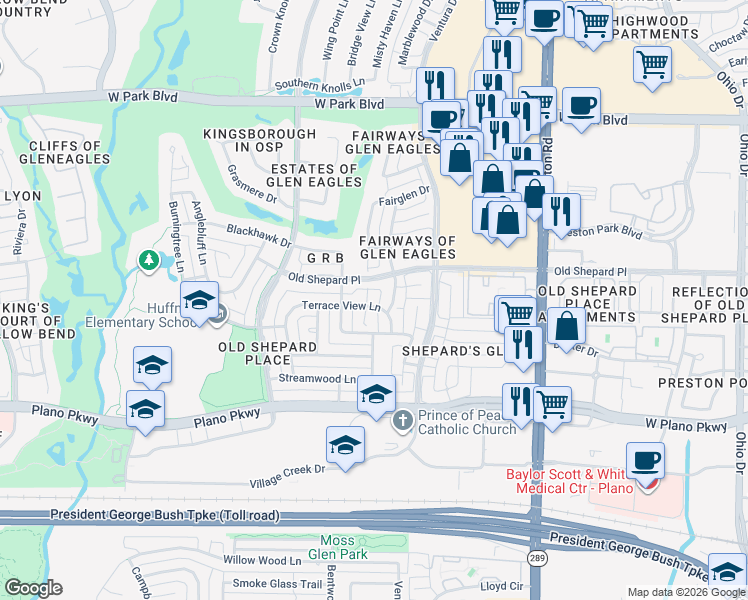 map of restaurants, bars, coffee shops, grocery stores, and more near 1608 Ramsgate Circle in Plano