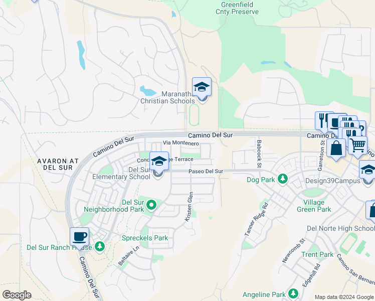 map of restaurants, bars, coffee shops, grocery stores, and more near 16057 Oxford Hill in San Diego