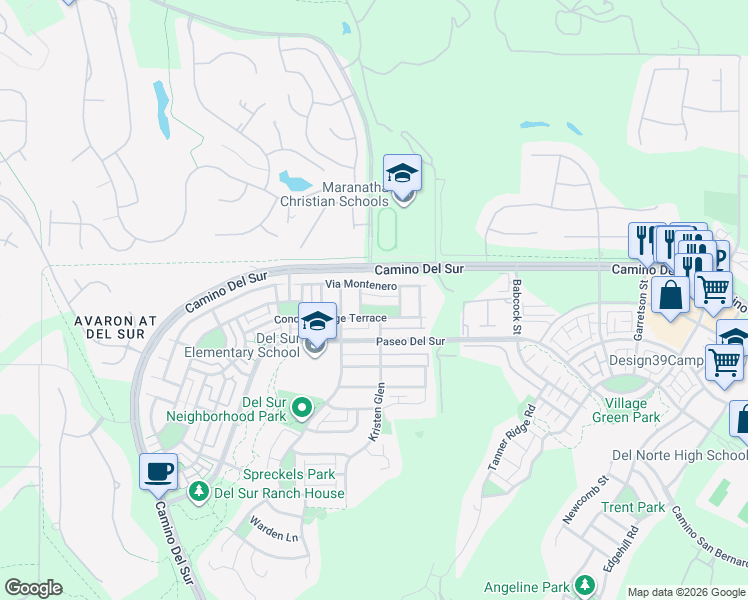 map of restaurants, bars, coffee shops, grocery stores, and more near 16057 Oxford Hill in San Diego