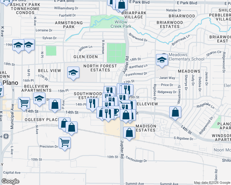 map of restaurants, bars, coffee shops, grocery stores, and more near 1901 East 15th Street in Plano