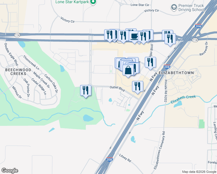 map of restaurants, bars, coffee shops, grocery stores, and more near Outlet Boulevard in Fort Worth
