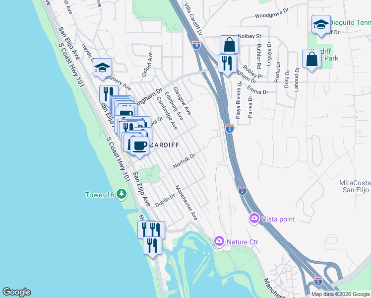 map of restaurants, bars, coffee shops, grocery stores, and more near 2258 Cambridge Avenue in Encinitas