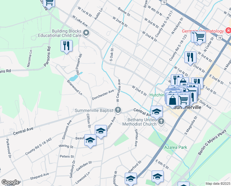 map of restaurants, bars, coffee shops, grocery stores, and more near 525 West Carolina Avenue in Summerville