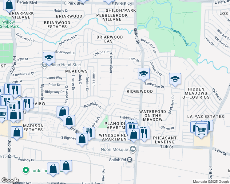 map of restaurants, bars, coffee shops, grocery stores, and more near 3 Eastglen Place in Plano