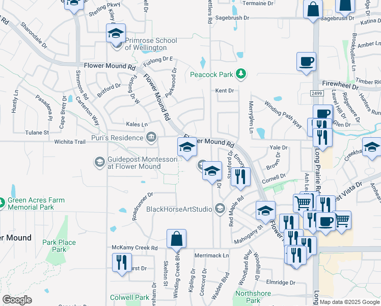 map of restaurants, bars, coffee shops, grocery stores, and more near 2525 Old Settlers Road in Flower Mound