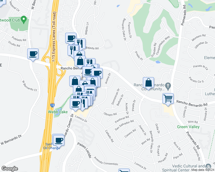 map of restaurants, bars, coffee shops, grocery stores, and more near 17001 Acena Drive in San Diego