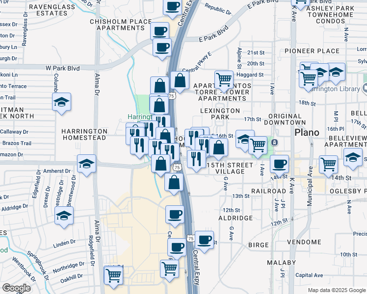 map of restaurants, bars, coffee shops, grocery stores, and more near Sam Johnson Highway in Plano