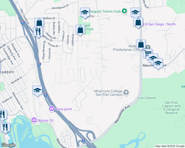 map of restaurants, bars, coffee shops, grocery stores, and more near 2033 Bruceala Court in Encinitas