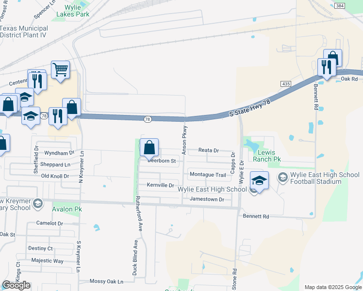 map of restaurants, bars, coffee shops, grocery stores, and more near 2817 Bissell Way in Wylie