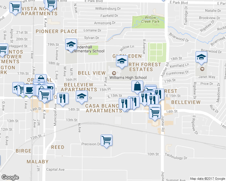 map of restaurants, bars, coffee shops, grocery stores, and more near 1703 15th Place in Plano