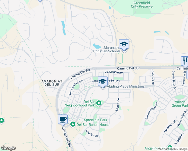 map of restaurants, bars, coffee shops, grocery stores, and more near 16055 Penny Lane in San Diego