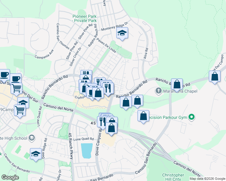 map of restaurants, bars, coffee shops, grocery stores, and more near 10434 Whitcomb Way in San Diego