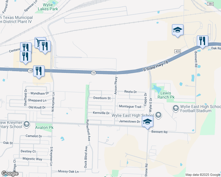 map of restaurants, bars, coffee shops, grocery stores, and more near 2817 Bissell Way in Wylie
