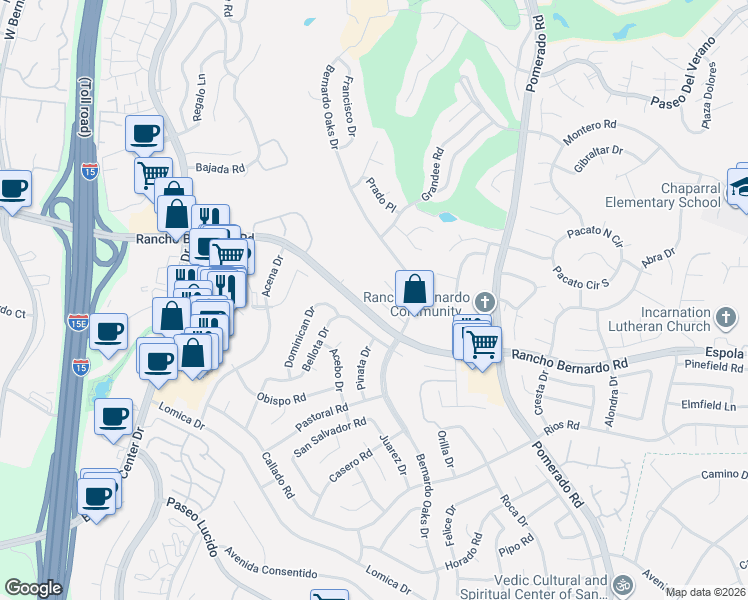 map of restaurants, bars, coffee shops, grocery stores, and more near 12255 Frontera Road in San Diego
