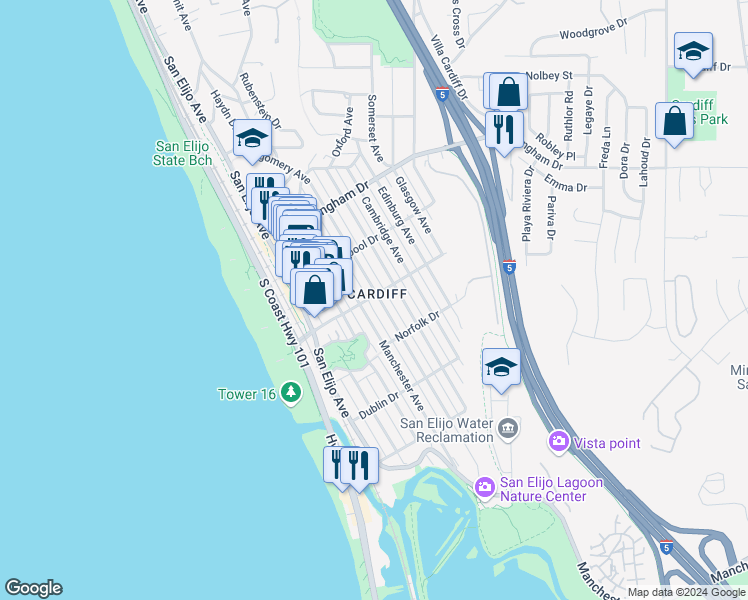 map of restaurants, bars, coffee shops, grocery stores, and more near in Encinitas