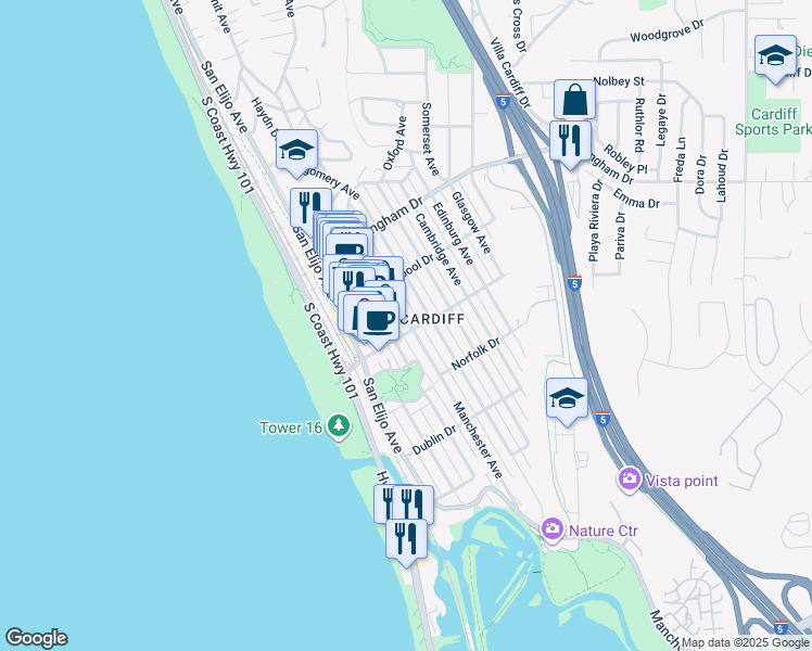map of restaurants, bars, coffee shops, grocery stores, and more near 2150 Manchester Avenue in Encinitas