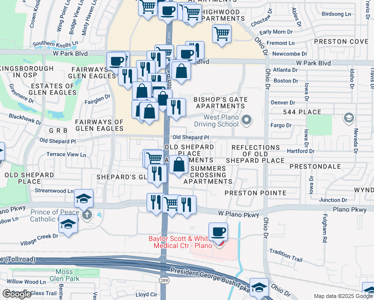 map of restaurants, bars, coffee shops, grocery stores, and more near 1520 Preston Road in Plano