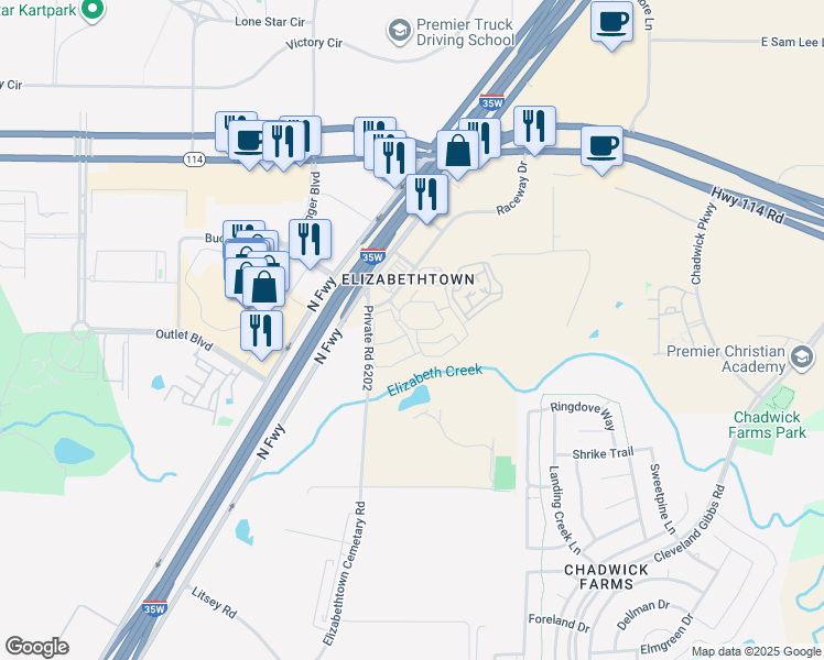map of restaurants, bars, coffee shops, grocery stores, and more near 13861 Raceway Drive in Northlake