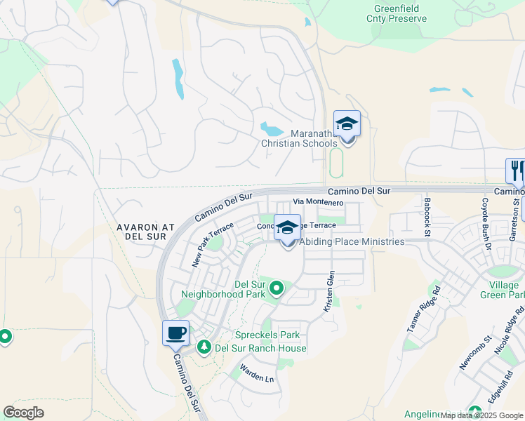 map of restaurants, bars, coffee shops, grocery stores, and more near 16055 Penny Lane in San Diego