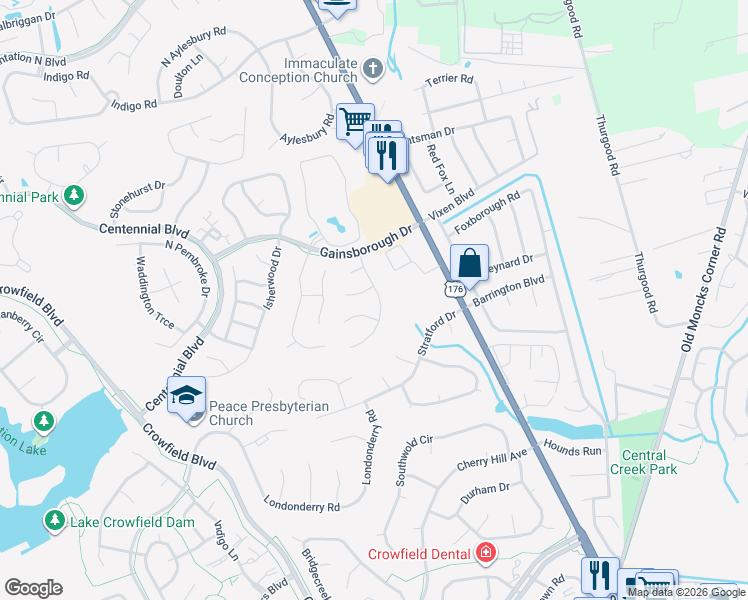 map of restaurants, bars, coffee shops, grocery stores, and more near 106 Fairhaven Drive in Goose Creek