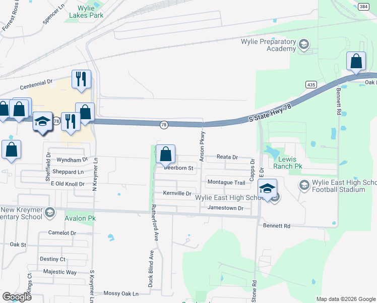 map of restaurants, bars, coffee shops, grocery stores, and more near 2803 Bissell Way in Wylie