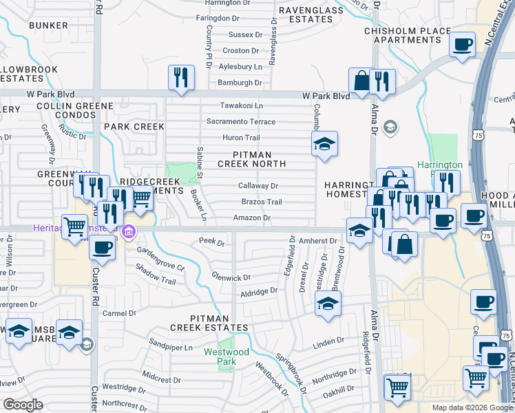 map of restaurants, bars, coffee shops, grocery stores, and more near 1521 Brazos Trail in Plano