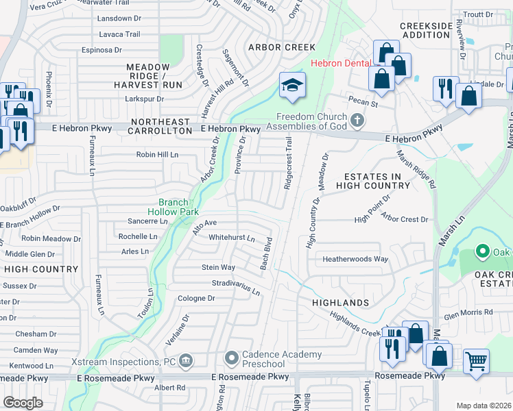 map of restaurants, bars, coffee shops, grocery stores, and more near 4000 Echoridge Drive in Carrollton
