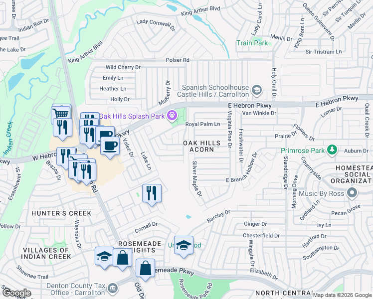 map of restaurants, bars, coffee shops, grocery stores, and more near 4000 Del Ray Court in Carrollton