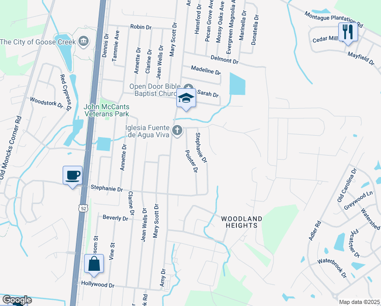 map of restaurants, bars, coffee shops, grocery stores, and more near 132 Pointer Drive in Goose Creek