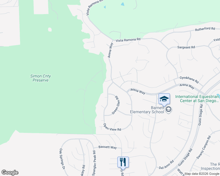map of restaurants, bars, coffee shops, grocery stores, and more near 16350 Open View Road in Ramona