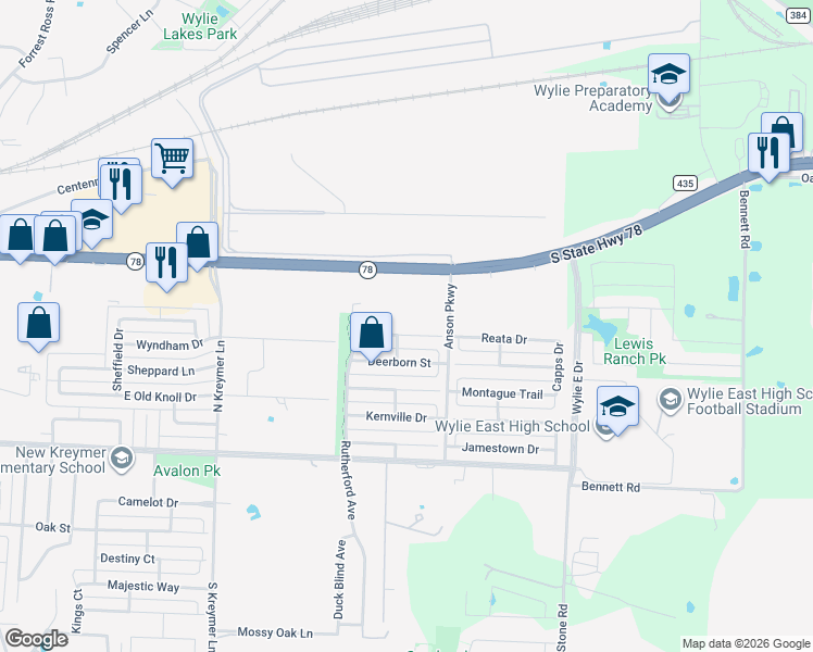 map of restaurants, bars, coffee shops, grocery stores, and more near 2803 Bissell Way in Wylie