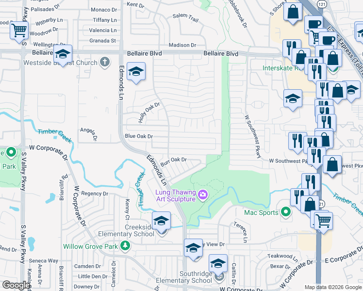 map of restaurants, bars, coffee shops, grocery stores, and more near 726 Blue Oak Drive in Lewisville