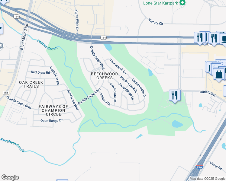 map of restaurants, bars, coffee shops, grocery stores, and more near 15809 Oak Pointe Drive in Fort Worth