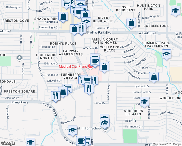 map of restaurants, bars, coffee shops, grocery stores, and more near 1600 Coit Road in Plano